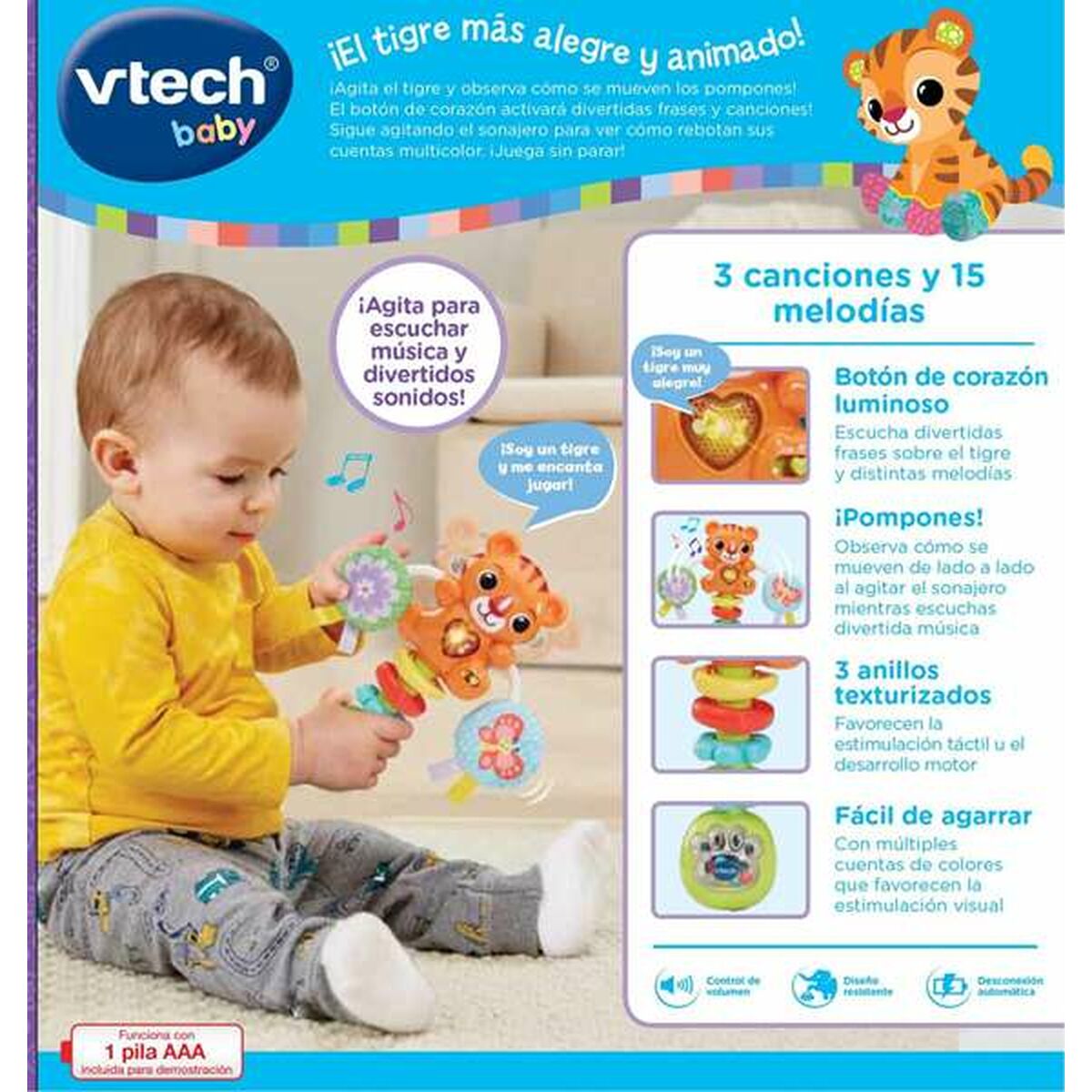 Zornăitoare Vtech 18,4 x 16 x 4,7 cm Tigru - Bebelus, Jucăriile copilăriei timpurii