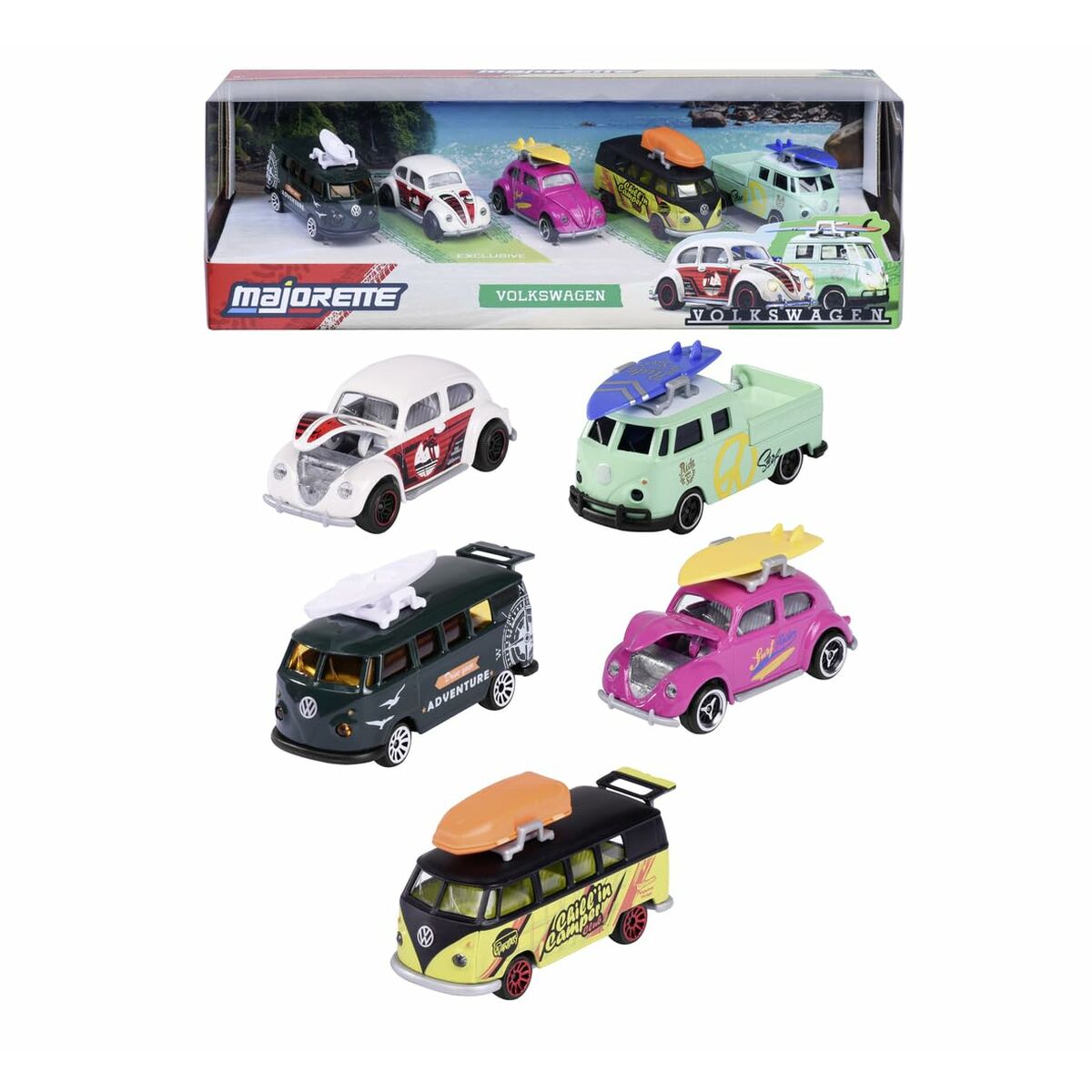 Set Majorette Volkswagen (VW) T1, Beetle & Camper, Ediție Surf/Adventure, 5 Mașinuțe Metalice - Jucarii si jocuri, Imitații de jocuri