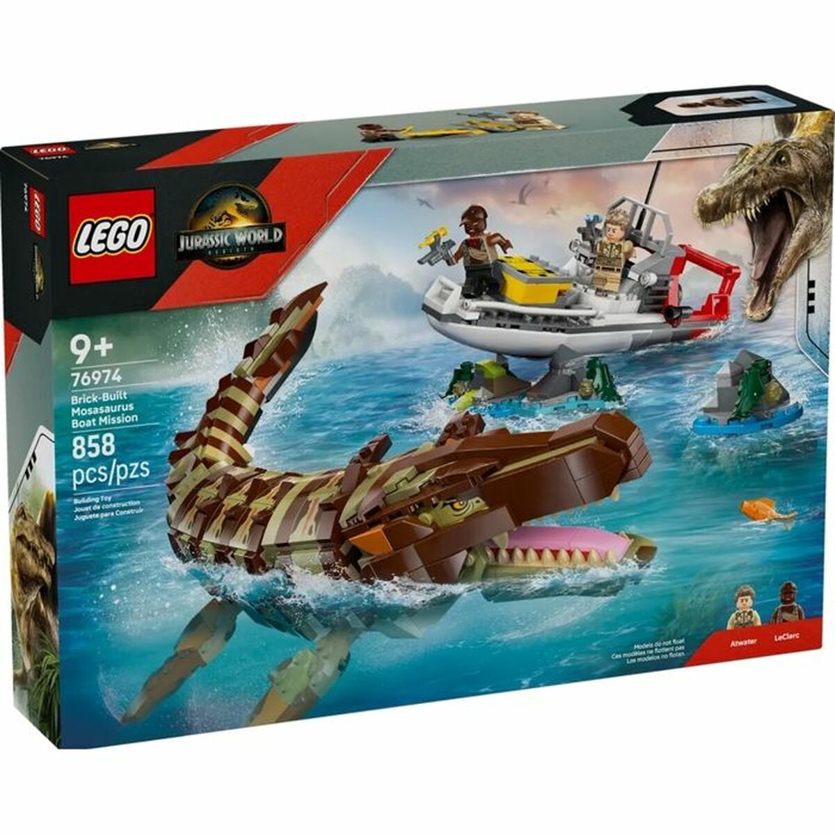 Set de Construcție Lego 76974 Jurassic World : Brick-Built Mosasaurus Boat Mission 858 Piese - Jucarii si jocuri