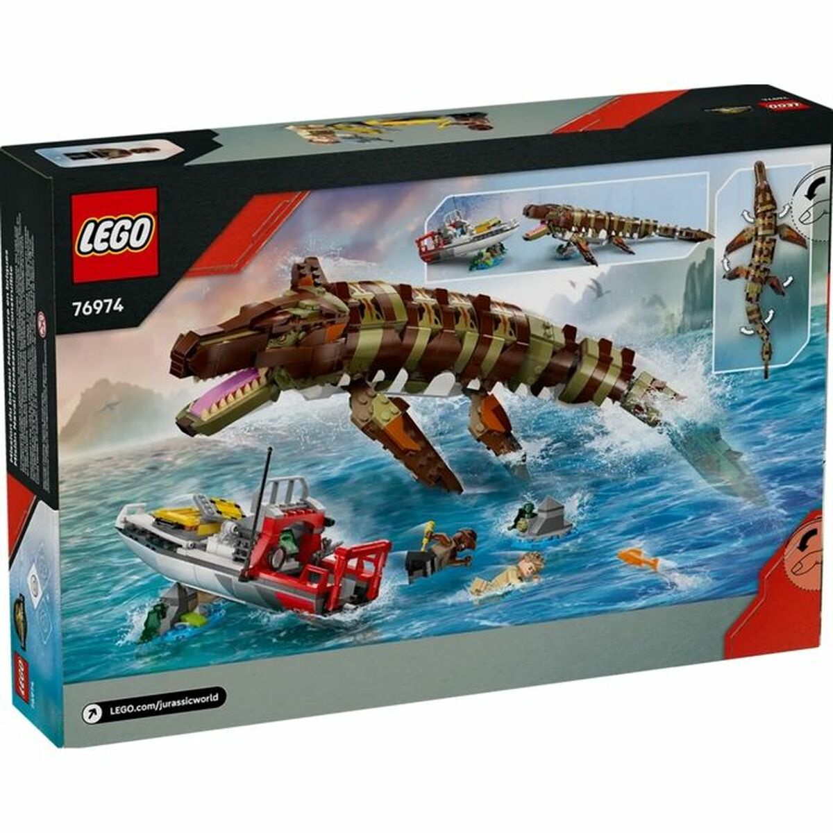 Set de Construcție Lego 76974 Jurassic World : Brick-Built Mosasaurus Boat Mission 858 Piese - Jucarii si jocuri