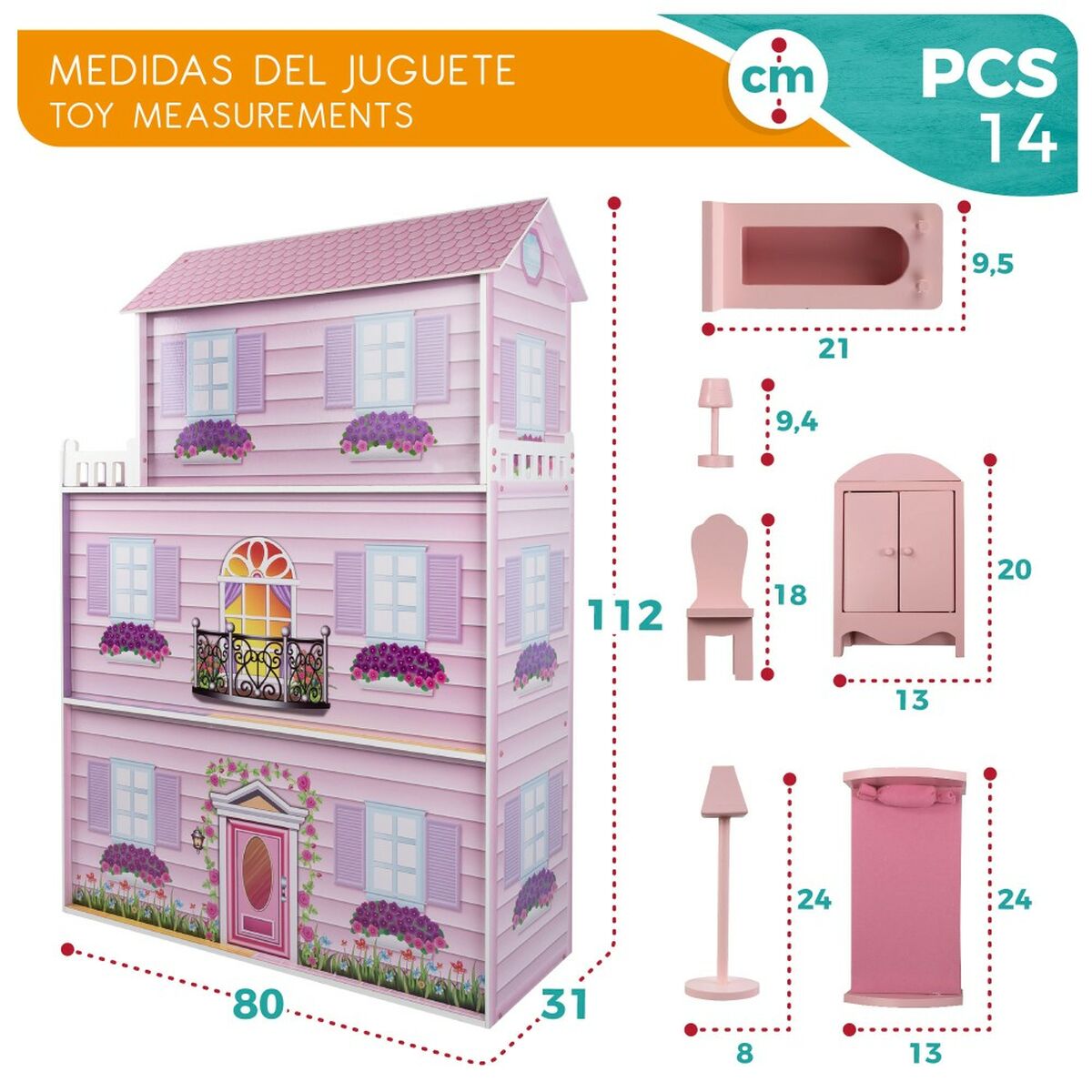 Casă de păpuși Play & Learn 14 Piese 80 x 112 x 31 cm - Jucarii si jocuri, Păpuși și accesorii