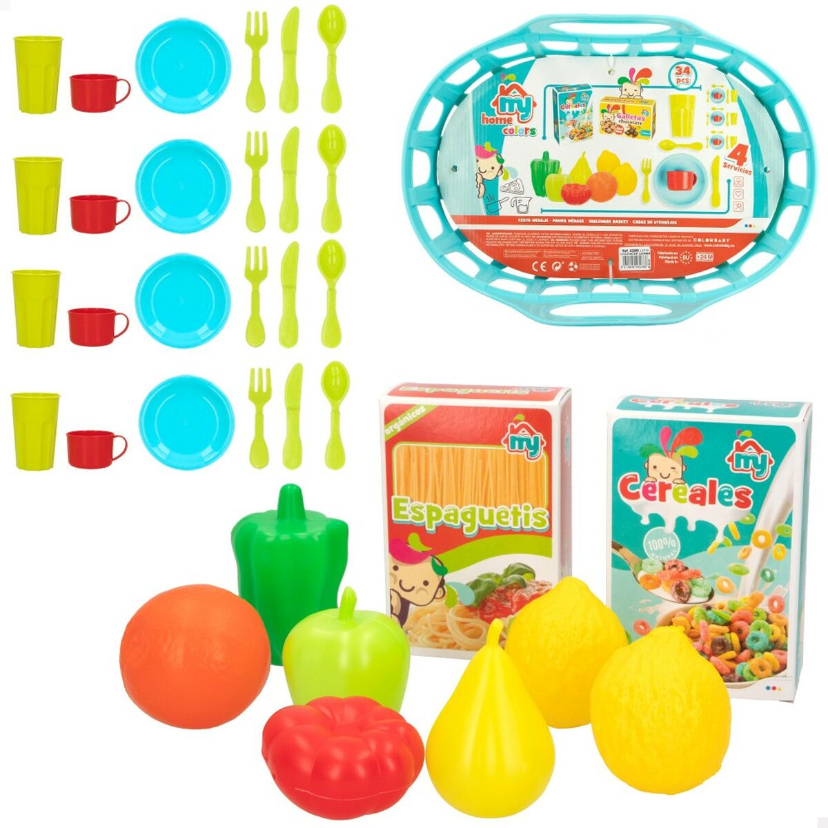 Set de Alimente de Jucărie Colorbaby Menaj și ustensile de bucătărie 34 Piese 33 Piese (16 Unități) - Jucarii si jocuri, Imitații de jocuri