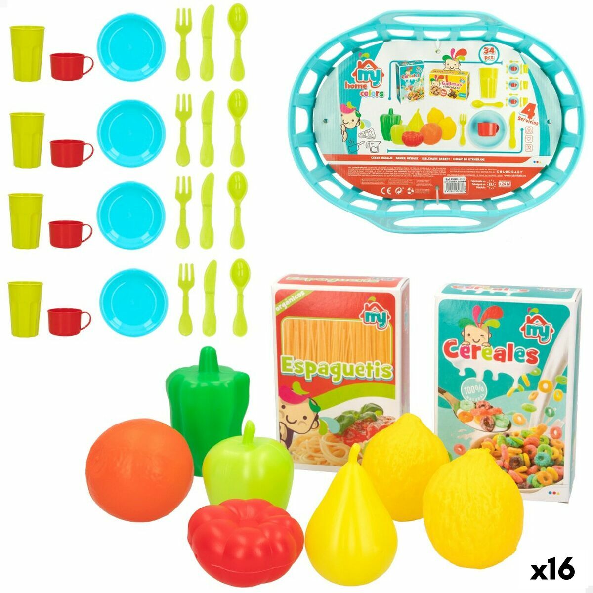 Set de Alimente de Jucărie Colorbaby Menaj și ustensile de bucătărie 34 Piese 33 Piese (16 Unități) - Jucarii si jocuri, Imitații de jocuri