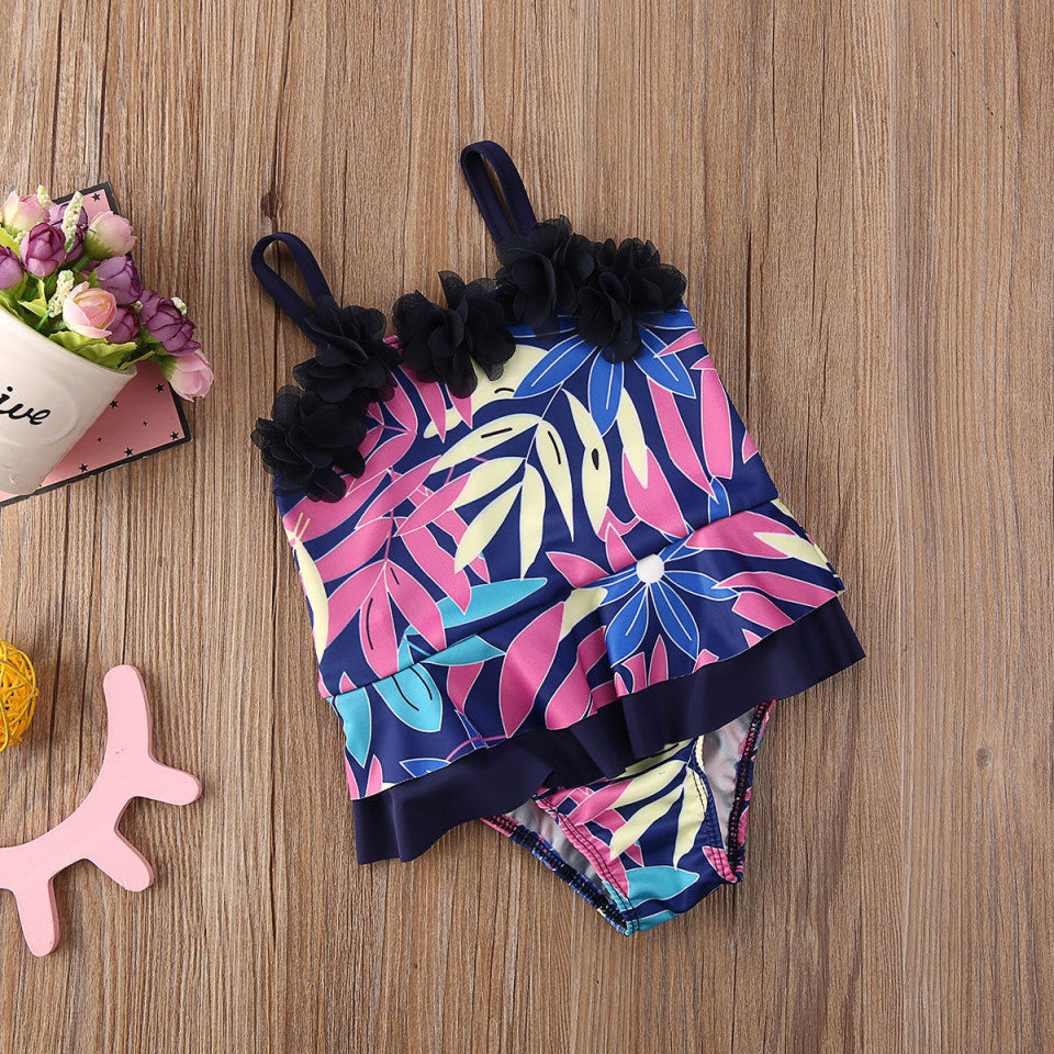 Costum de baie mov cu frunze si floricele aplicate Drool
