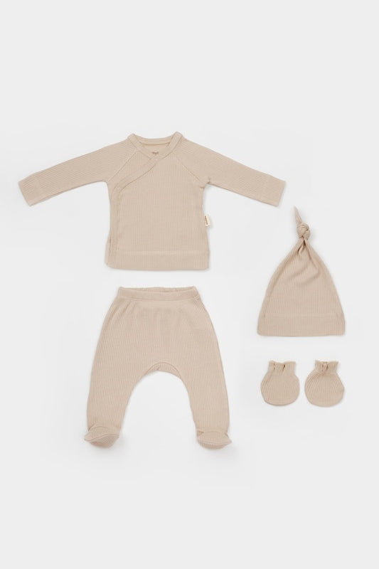 Cutie 4 piese pentru nou nascut - 100% bumbac organic - Mink, BabyCosy - Baveta, Bluza, Caciula, Pantaloni, Pieptar