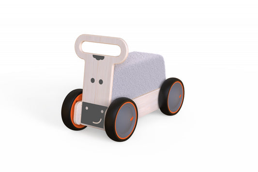 Masinuta ride-on, premergator si carucior de jucarii MamaToyz DriveMe Soft, Vacuta - Jucarie din lemn 3 in 1 - Masinuta ride-on, premergator si carucior de jucarii
