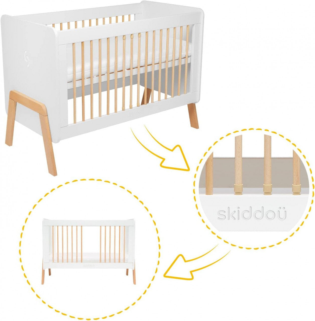 Patut transformabil copii Skiddou Krubb din lemn de fag/MDF, 60x120 cm, Puff Catcher, Alb