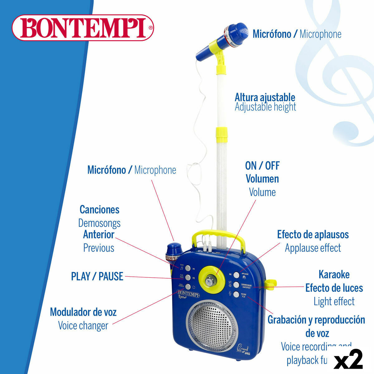 Difuzor cu Microfon Karaoke Bontempi 2 Unități - Jucarii si jocuri, Jucării electronice
