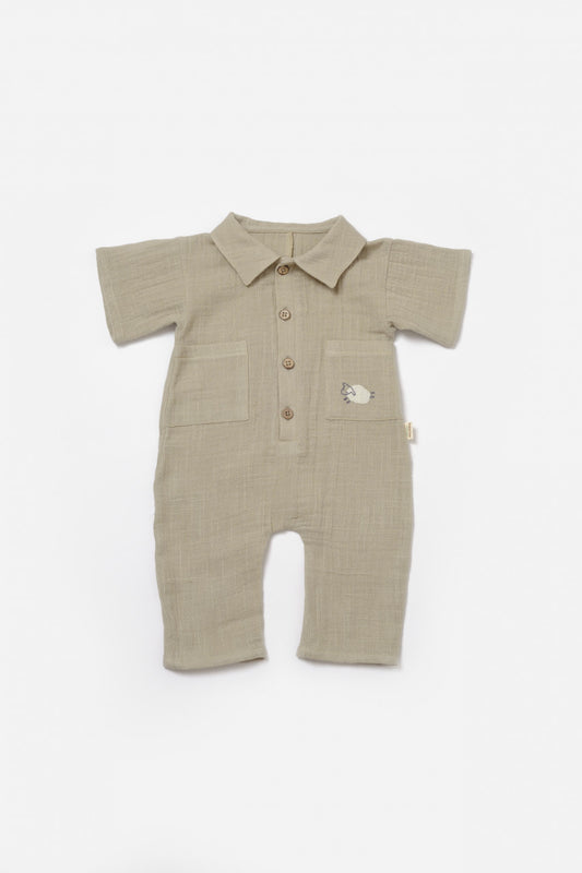 Salopeta cu maneca scurta si nasturei Sheep, 100% bumbac - Verde, BabyCosy - Salopeta