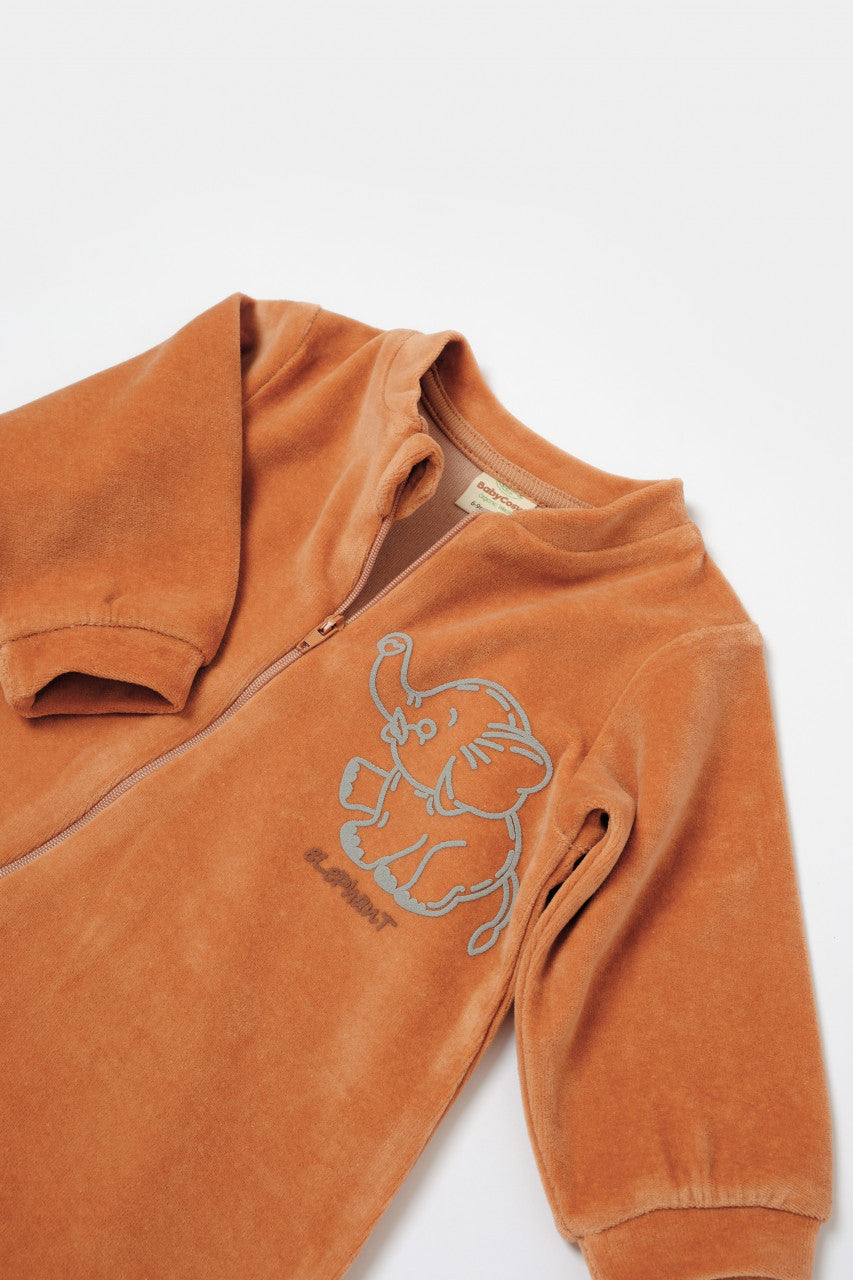 Salopeta Elefant cu maneca lunga din 80%bumbac organic si 20% poliester - Caramiziu, BabyCosy