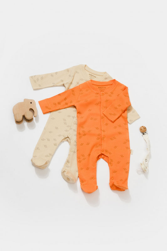 Set 2 salopete lungi Printed, BabyCosy, 50% modal+50% bumbac, Stone/Apricot - Salopeta