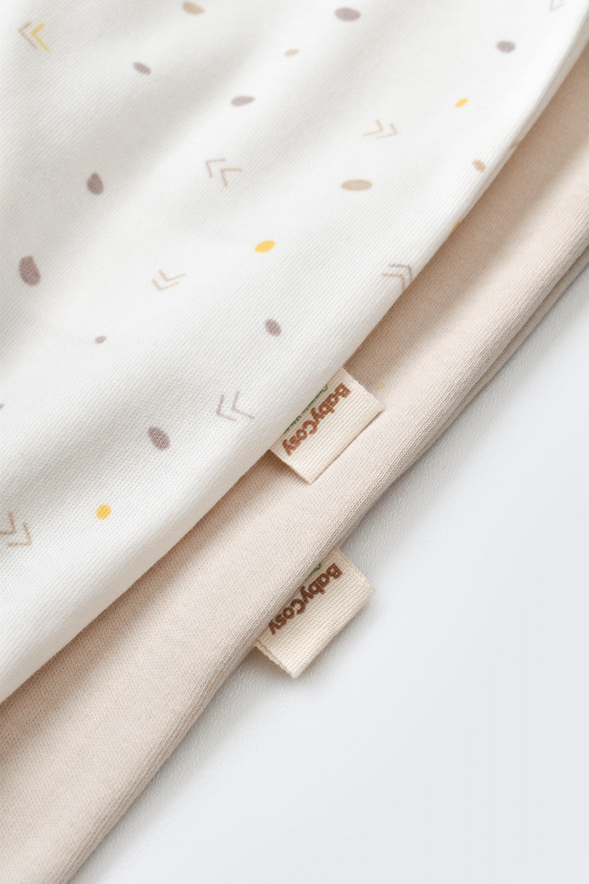 Set 2 salopetele cu maneca lunga si pantaloni lungi cu botosei - 100%bumbac organic - Ecru cu buline, BabyCosy