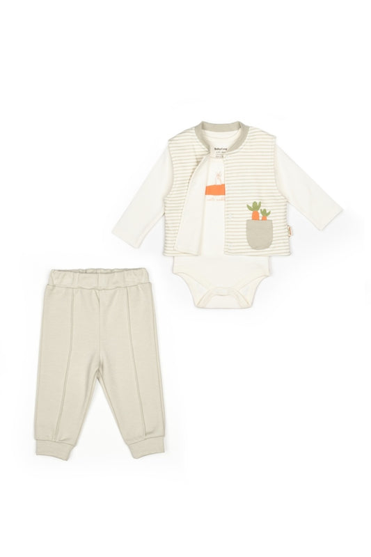 Set 3 piese: body, pantalon si vesta Rabbit, 100% bumbac organic, BabyCosy - Body, Pantaloni, Vesta