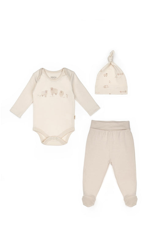 Set 3 piese nou nascut, Lamb, BabyCosy, 100%bumbac organic - Bluza, Caciula, Pantaloni