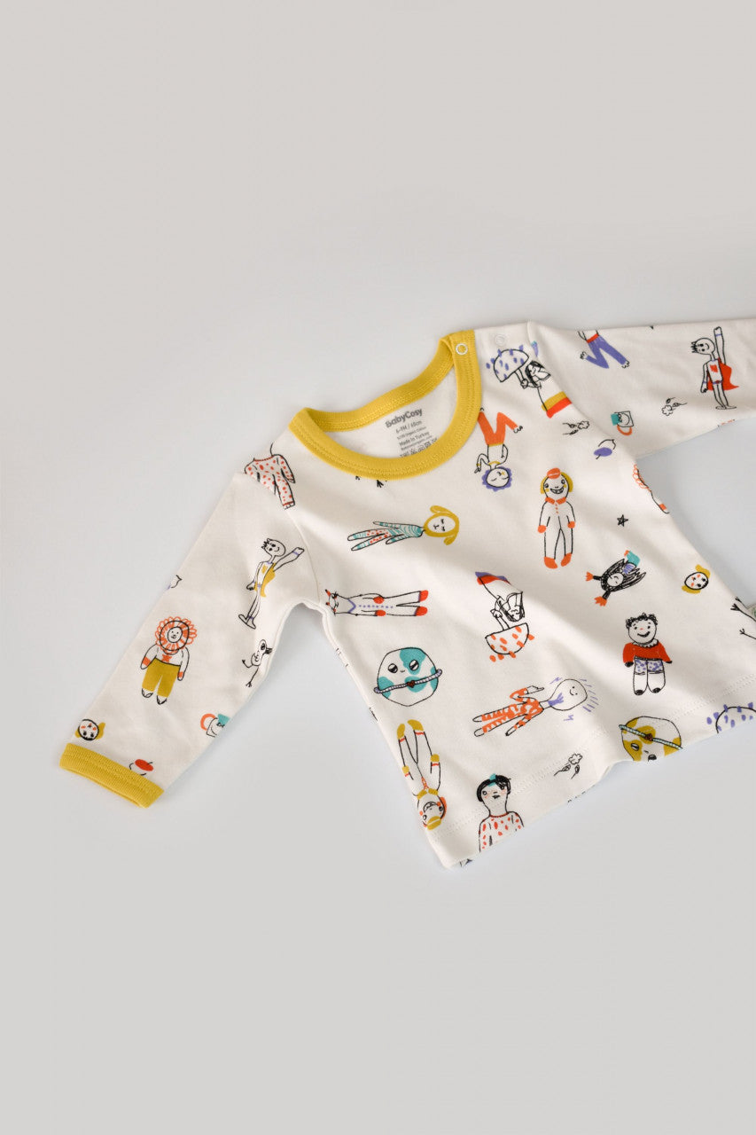 Set bluzita cu maneca lunga si pantaloni lungi, 100% bumbac organic, BabyCosy, Galben