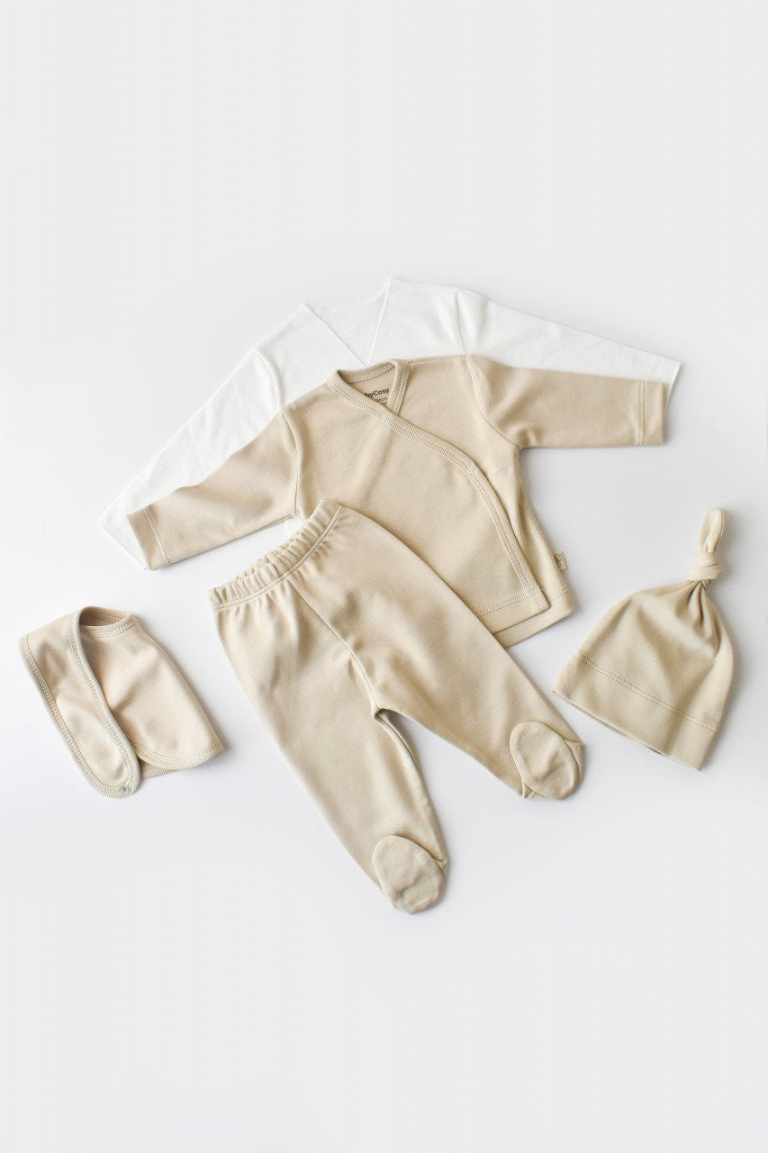 Set de 5 piese pentru nou nascut - 100% bumbac organic - Crem, BabyCosy