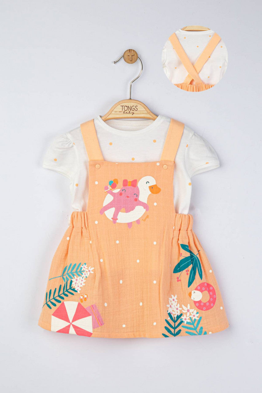 Set rochita din muselina cu tricou cu bulinute pentru fetite, Tongs baby