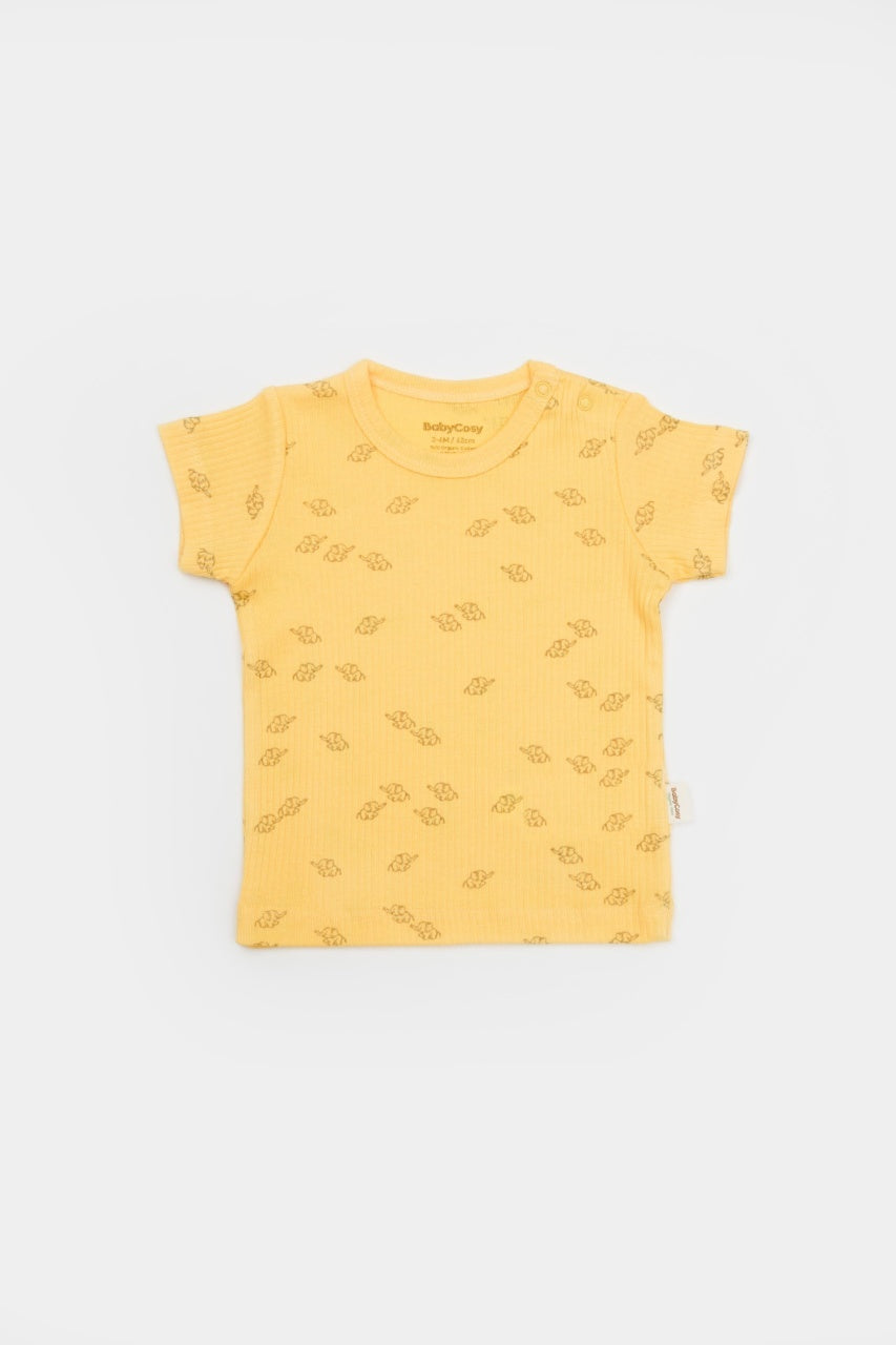 Set tricou cu pantaloni Printed, galben, BabyCosy, 50%bumbac+50% modal