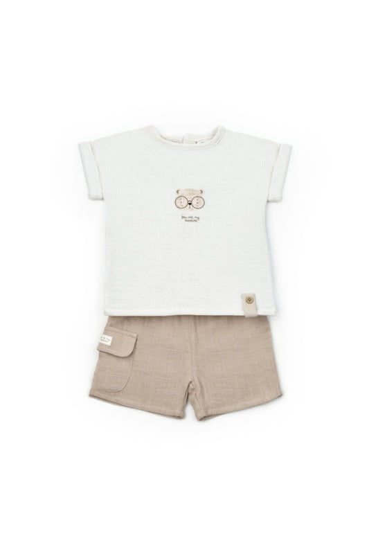 Set tricou ecru cu pantaloni scurti TeddyBear, 100% bumbac organic, BabyCosy - Pantaloni scurti, Tricou