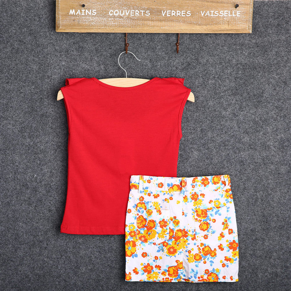Set tricou rosu cu volanas si fusta cu floricele Drool