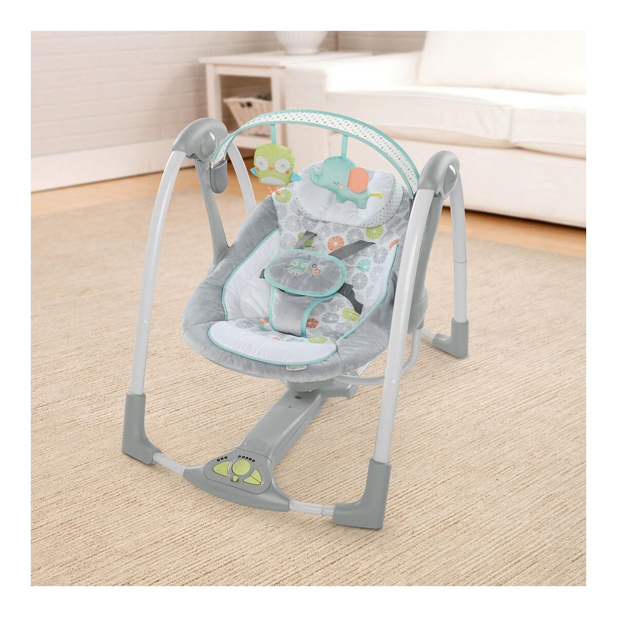 Scaun Balansoar Ingenuity Compact Swing - Hugs & Hoots Alb Gri - Bebelus, Activitate și divertisment