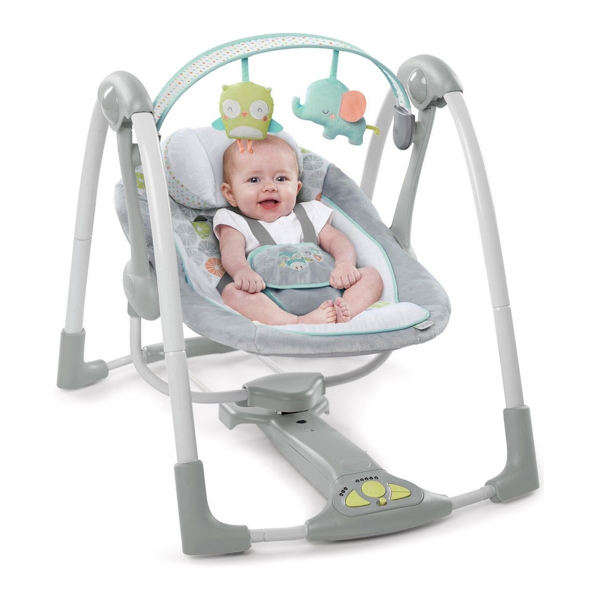Scaun Balansoar Ingenuity Compact Swing - Hugs & Hoots Alb Gri - Bebelus, Activitate și divertisment