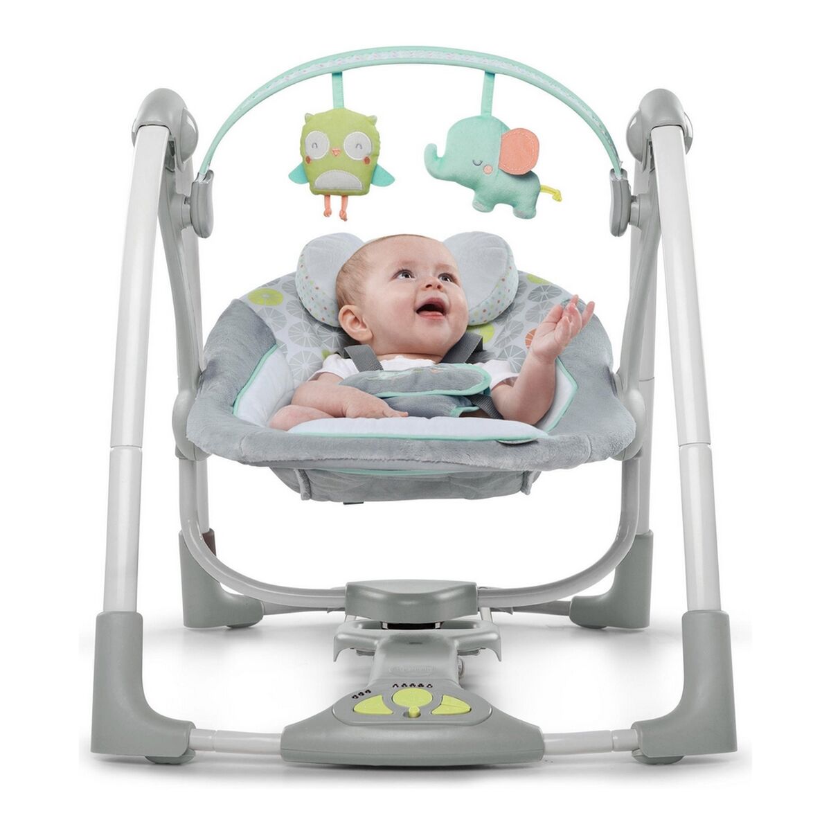 Scaun Balansoar Ingenuity Compact Swing - Hugs & Hoots Alb Gri - Bebelus, Activitate și divertisment
