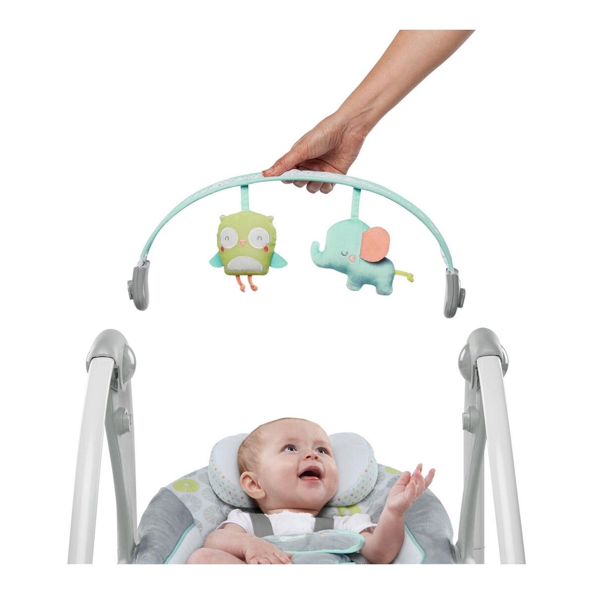 Scaun Balansoar Ingenuity Compact Swing - Hugs & Hoots Alb Gri - Bebelus, Activitate și divertisment