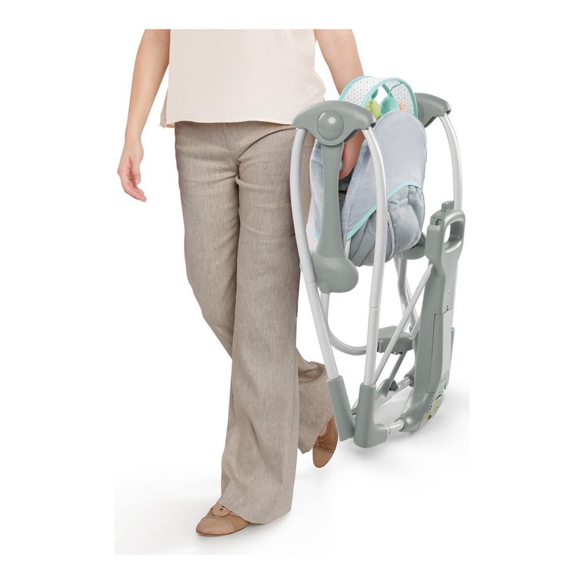 Scaun Balansoar Ingenuity Compact Swing - Hugs & Hoots Alb Gri - Bebelus, Activitate și divertisment