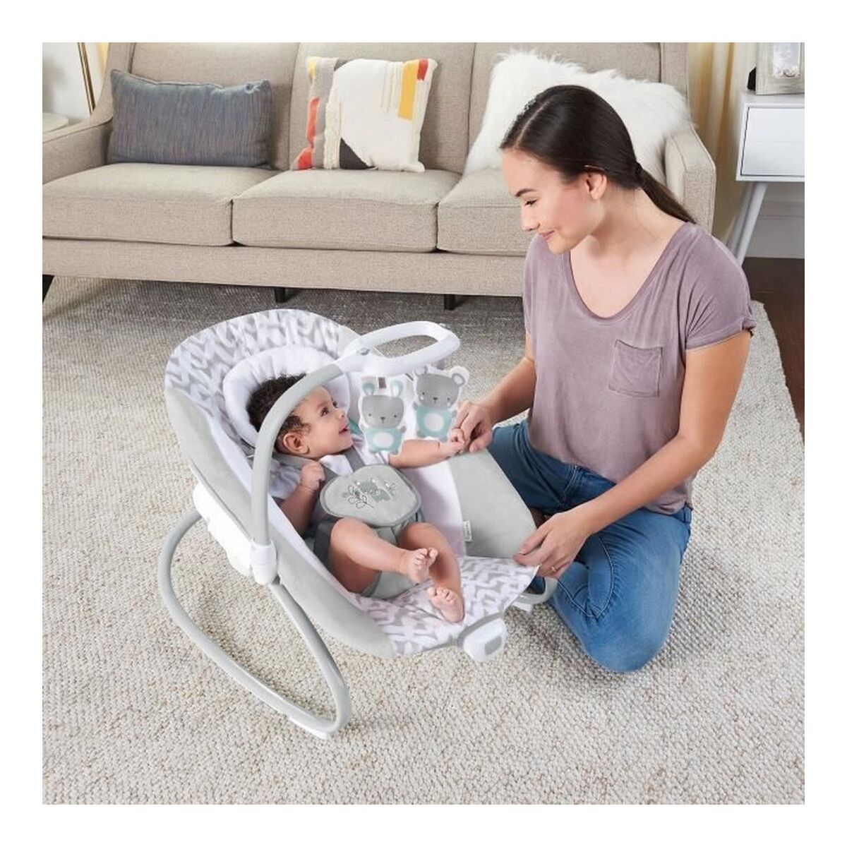 Scaun Balansoar Ingenuity 2-in-1 Swing Lounger - Raylan Gri Alb - Bebelus, Activitate și divertisment