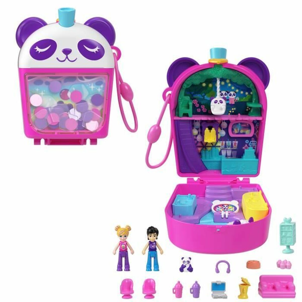 Playset Polly Pocket Panda Bubble Tea-Box with 2 mini-figures and panda HWN95 - Jucarii si jocuri, Păpuși și figurine