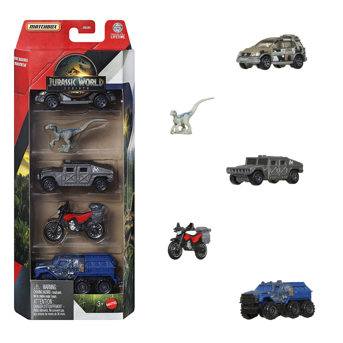 Set Matchbox Jurassic World, 5 Vehicule Metalice + Figurină Raptor, Vehicule de Explorare - Jucarii si jocuri, Păpuși și figurine