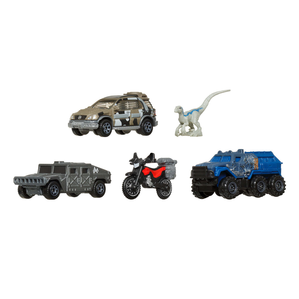 Set Matchbox Jurassic World, 5 Vehicule Metalice + Figurină Raptor, Vehicule de Explorare - Jucarii si jocuri, Păpuși și figurine