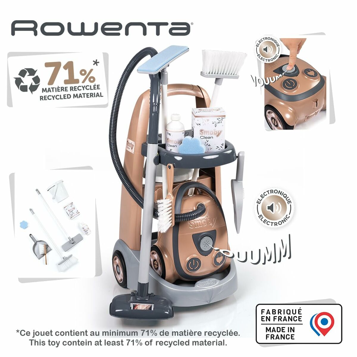 Cărucior Curățenie Smoby Rowenta Deluxe, Aspirator Electronic cu Sunete, 71% Material Reciclat - Jucarii si jocuri, Imitații de jocuri