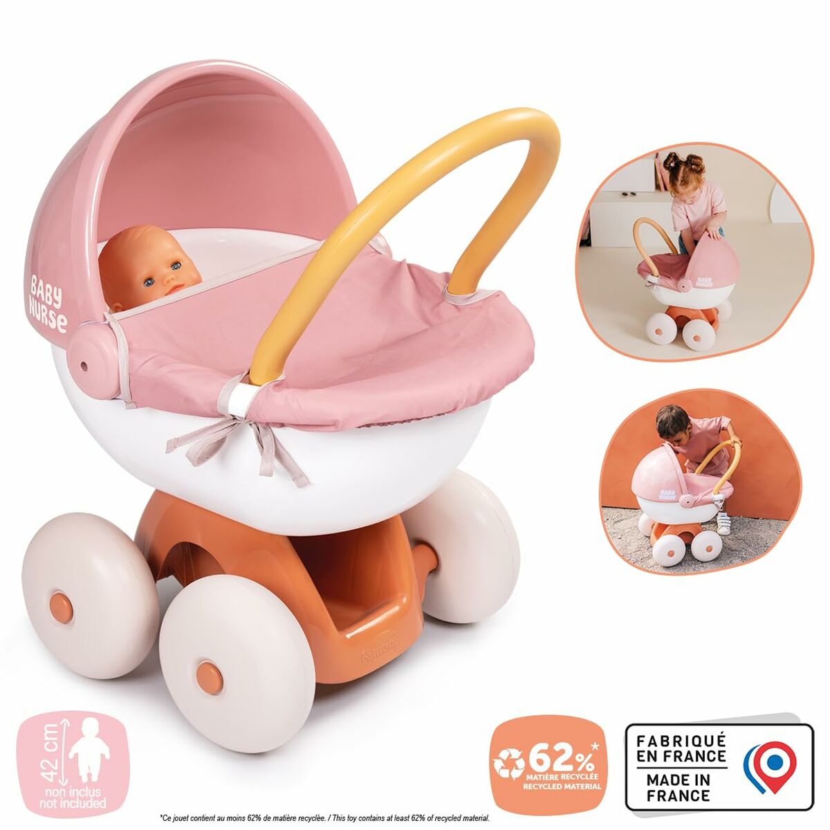 Cărucior Păpuși Smoby Baby Nurse, Roți Mari Silențioase, 62% Reciclat, 18+ Luni - Jucarii si jocuri, Imitații de jocuri