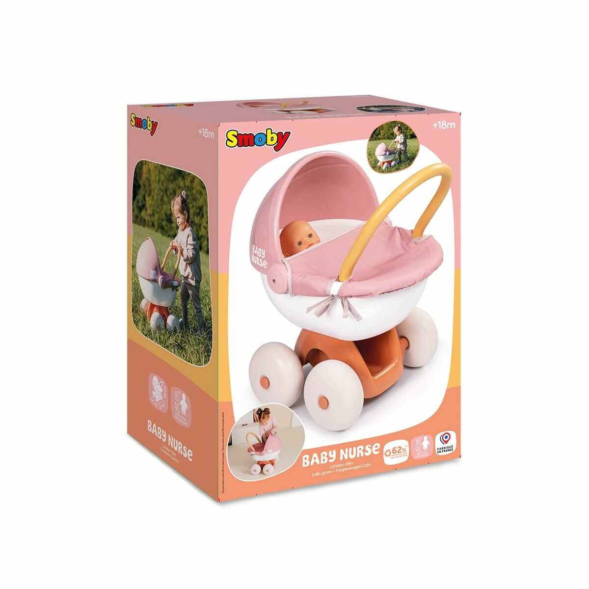 Cărucior Păpuși Smoby Baby Nurse, Roți Mari Silențioase, 62% Reciclat, 18+ Luni - Jucarii si jocuri, Imitații de jocuri