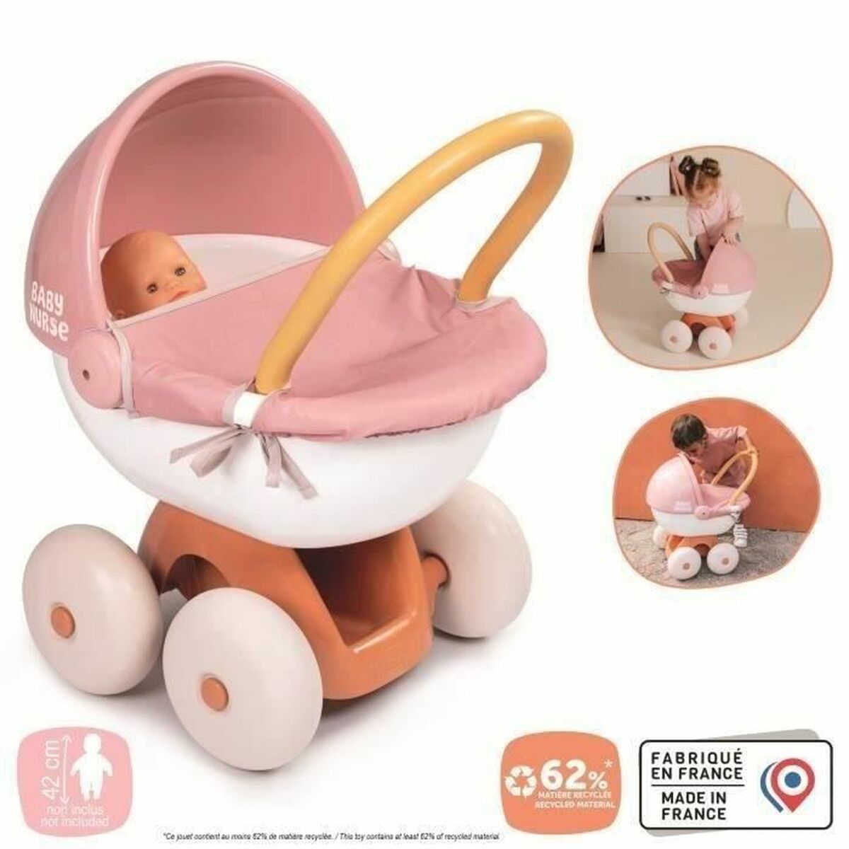 Cărucior Păpuși Smoby Baby Nurse, Roți Mari Silențioase, 62% Reciclat, 18+ Luni - Jucarii si jocuri, Imitații de jocuri
