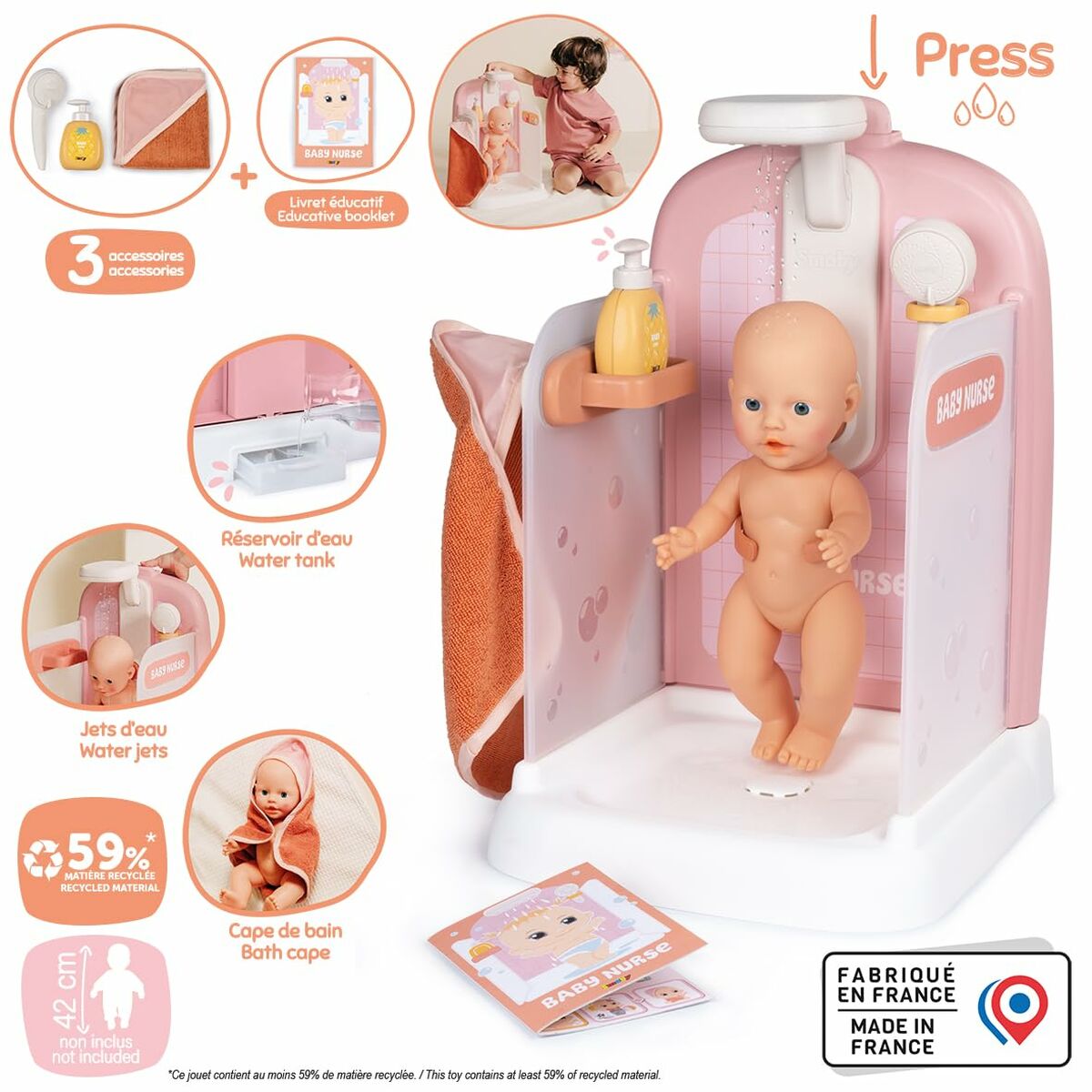Cabină de Duș Funcțională Smoby Baby Nurse (42 cm), Duș Real, Rezervor de Apă, 3 Accesorii, 3+ Ani - Jucarii si jocuri, Imitații de jocuri