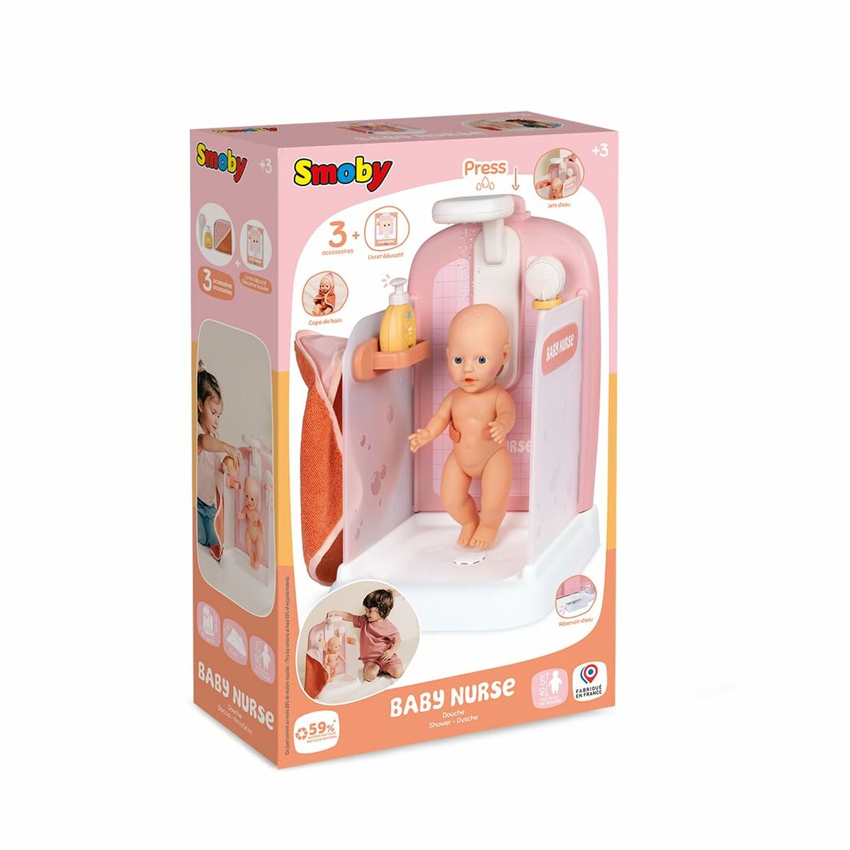 Cabină de Duș Funcțională Smoby Baby Nurse (42 cm), Duș Real, Rezervor de Apă, 3 Accesorii, 3+ Ani - Jucarii si jocuri, Imitații de jocuri