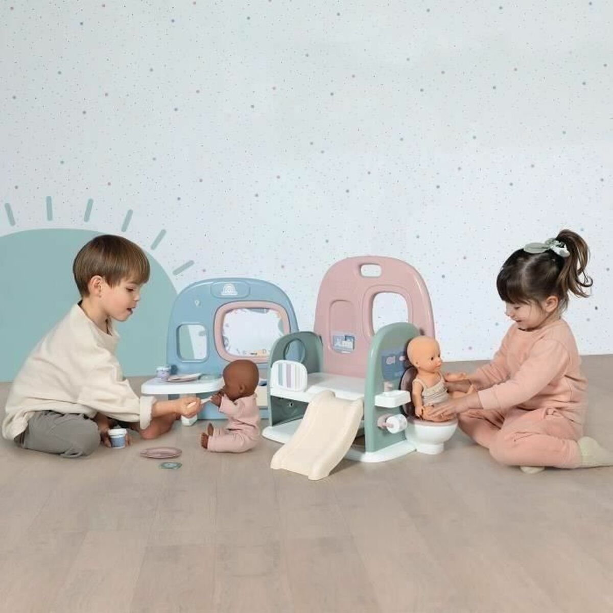 Centru de Îngrijire Smoby Baby Care Rotativ 360°, 3-în-1, Tablă, Tobogan - Jucarii si jocuri, Imitații de jocuri