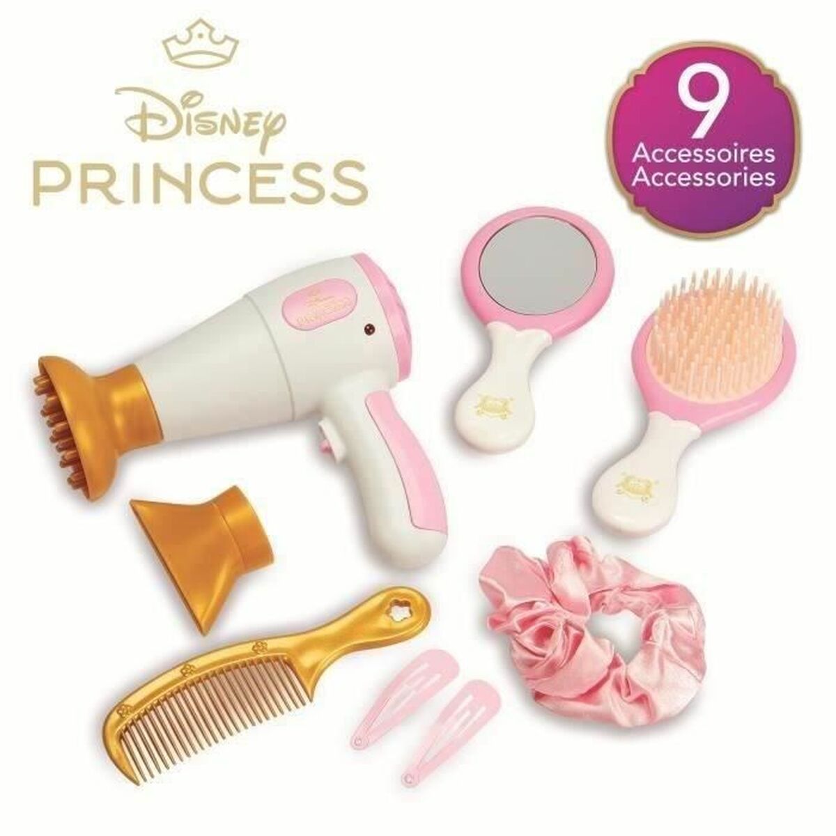 Set de Coafură Smoby Disney Princess (9 Accesorii), Uscător de Păr Electronic, Oglindă și Perie, 3+ Ani - Jucarii si jocuri, Imitații de jocuri