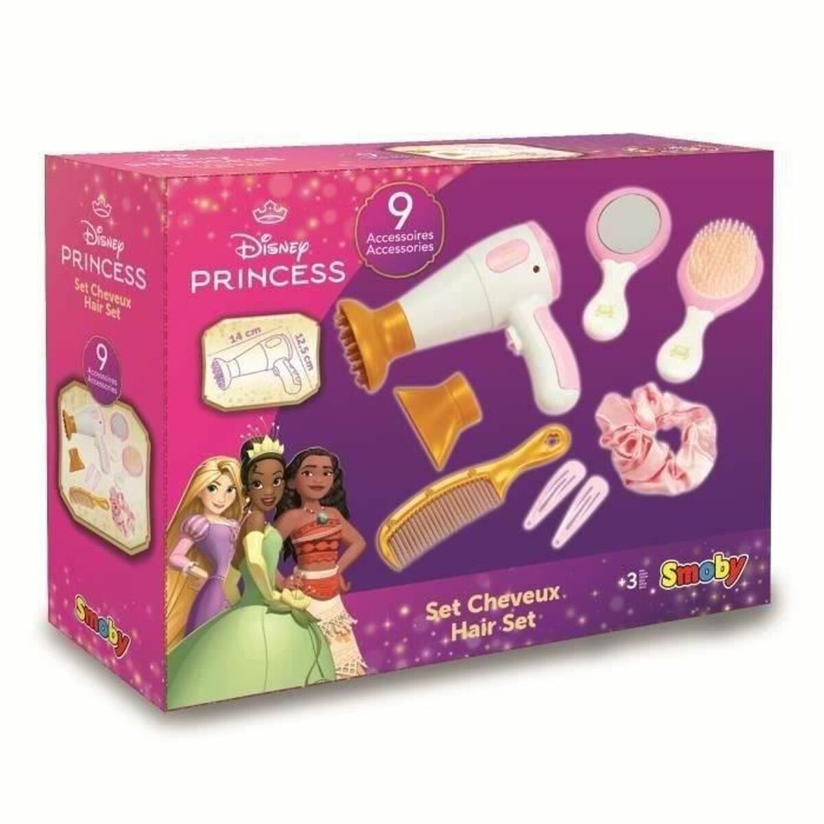 Set de Coafură Smoby Disney Princess (9 Accesorii), Uscător de Păr Electronic, Oglindă și Perie, 3+ Ani - Jucarii si jocuri, Imitații de jocuri