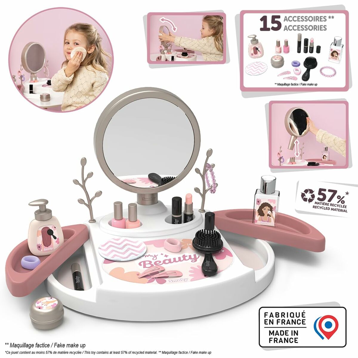 Set de Frumusețe Smoby My Beauty cu Oglindă Rotativă, 15 Accesorii, 57% Reciclat, 3+ Ani - Jucarii si jocuri, Imitații de jocuri