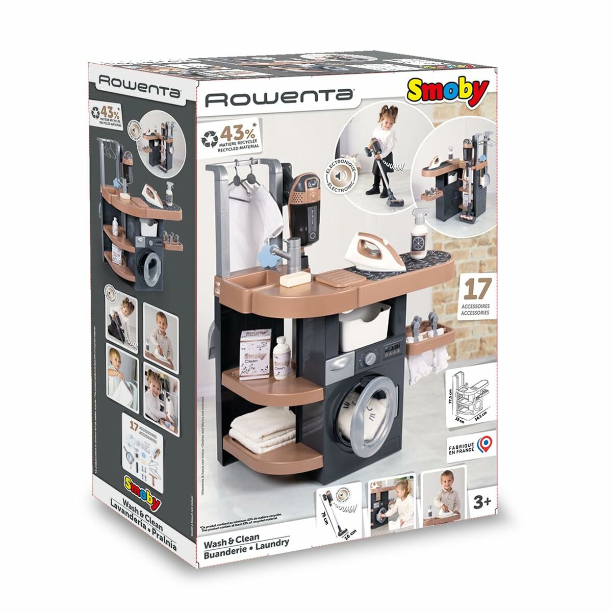 Set de Curățenie Smoby Rowenta, Mașină de Spălat & Aspirator Electronic, 78 cm, 17 Accesorii, 43% Material Reciclat - Jucarii si jocuri, Imitații de jocuri