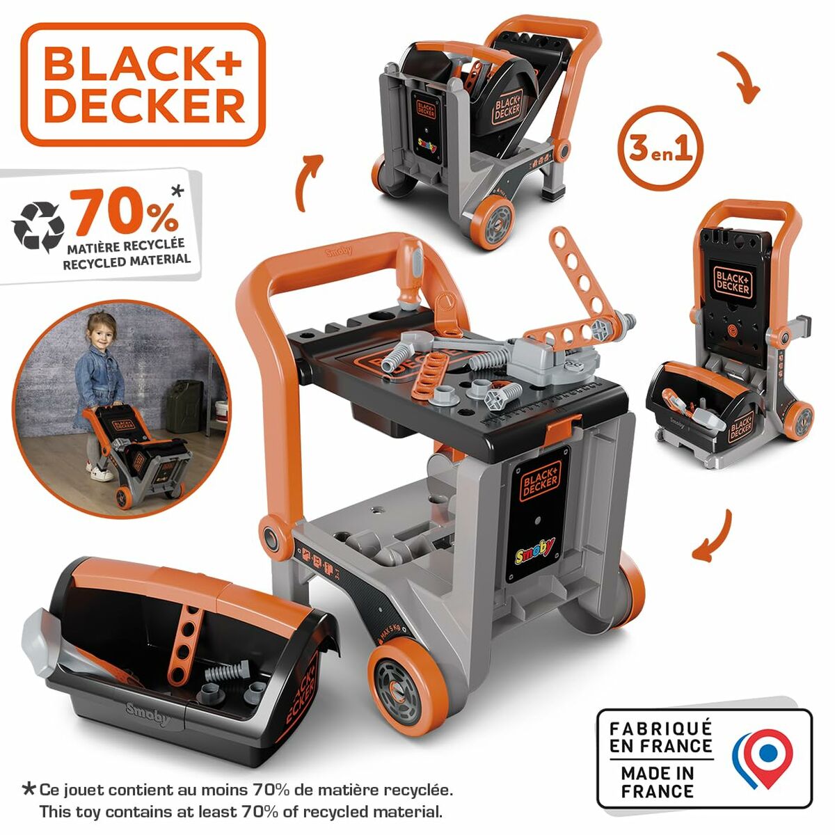 Atelier Mobil Black+Decker Smoby 3-în-1, Cărucior de Scule și Banc de Lucru - Jucarii si jocuri, Imitații de jocuri