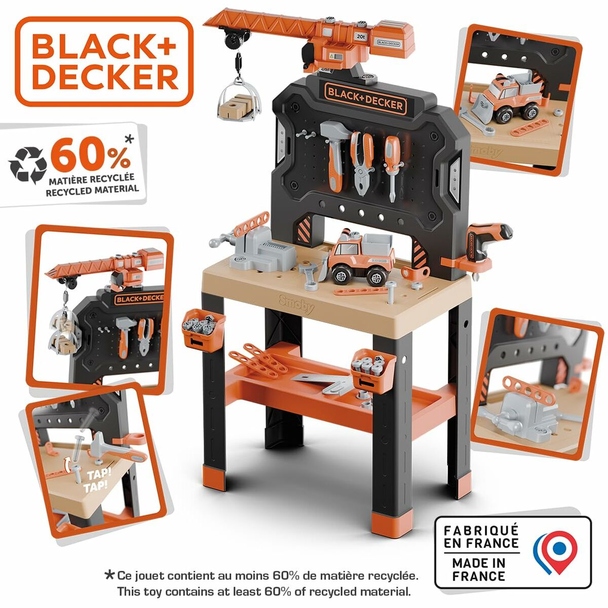 Atelier/Bancă de Lucru Smoby Black+Decker cu Macara, Set de Scule 95 Piese - Jucarii si jocuri, Imitații de jocuri