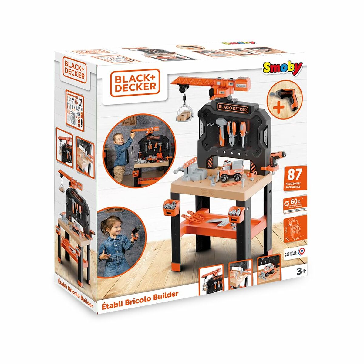 Atelier/Bancă de Lucru Smoby Black+Decker cu Macara, Set de Scule 95 Piese - Jucarii si jocuri, Imitații de jocuri