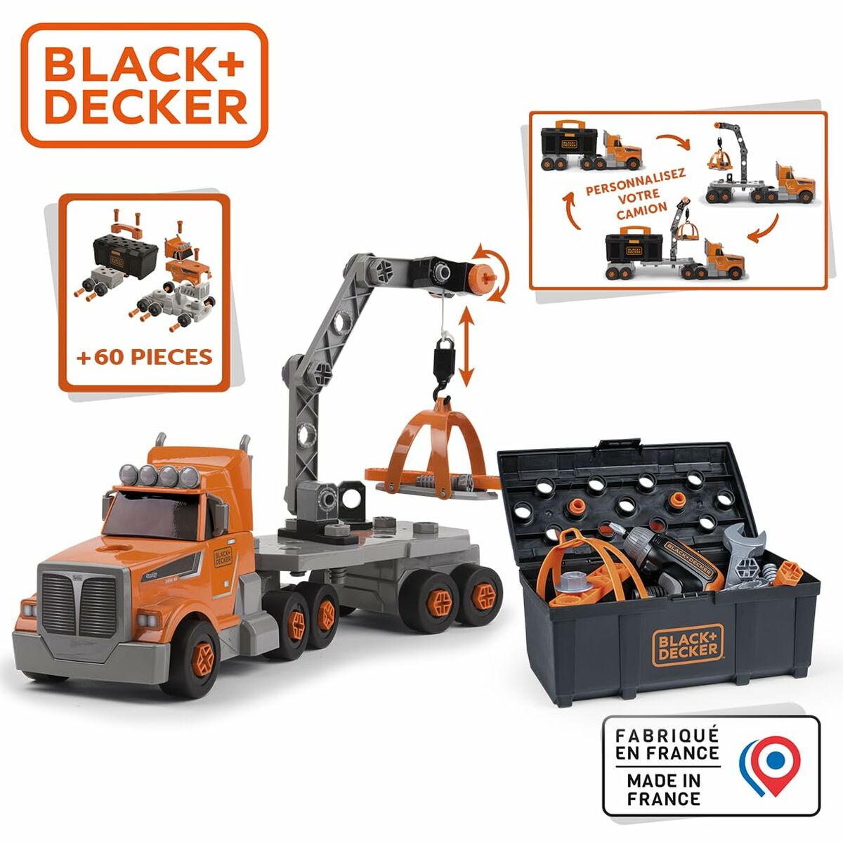 Set Camion de Constucție 3-în-1 Smoby Black+Decker, Dezasamblabil/Asamblabil, Macara Funcțională, +60 Piese - Jucarii si jocuri, Imitații de jocuri