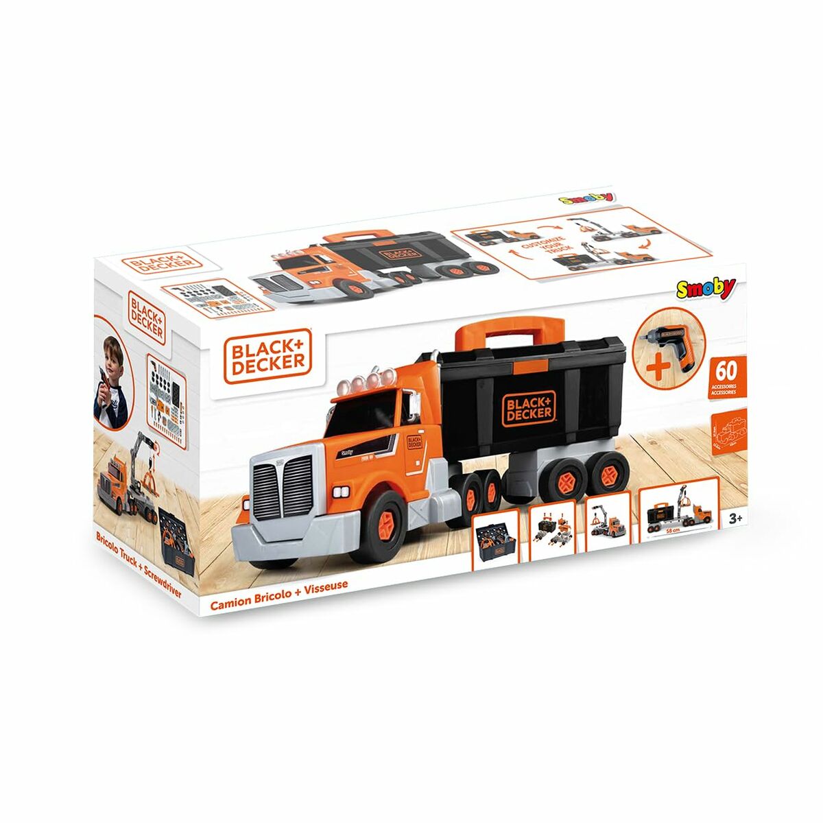 Set Camion de Constucție 3-în-1 Smoby Black+Decker, Dezasamblabil/Asamblabil, Macara Funcțională, +60 Piese - Jucarii si jocuri, Imitații de jocuri