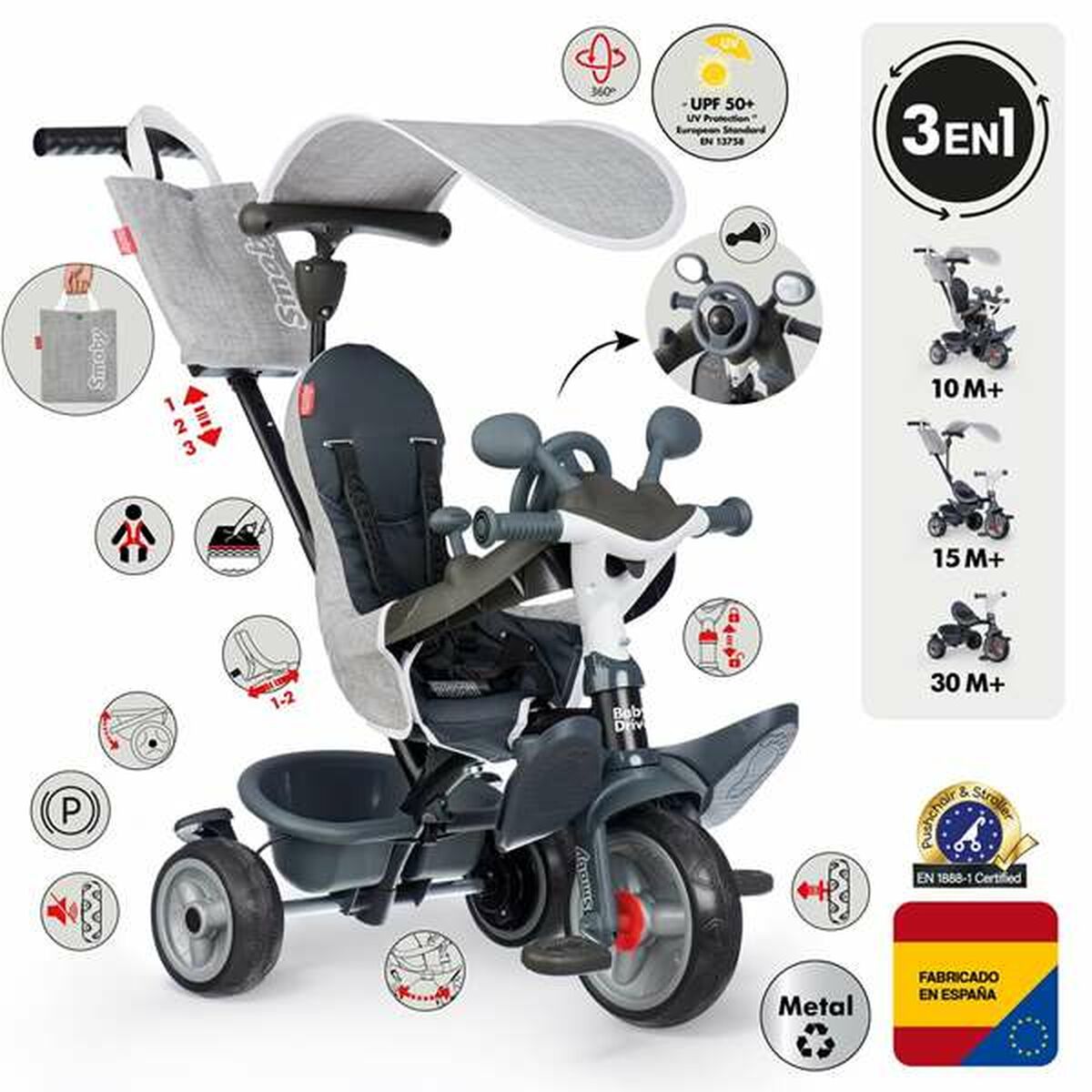 Triciclu Smoby Baby Driver Gri - Jucarii si jocuri, În aer liber și sport